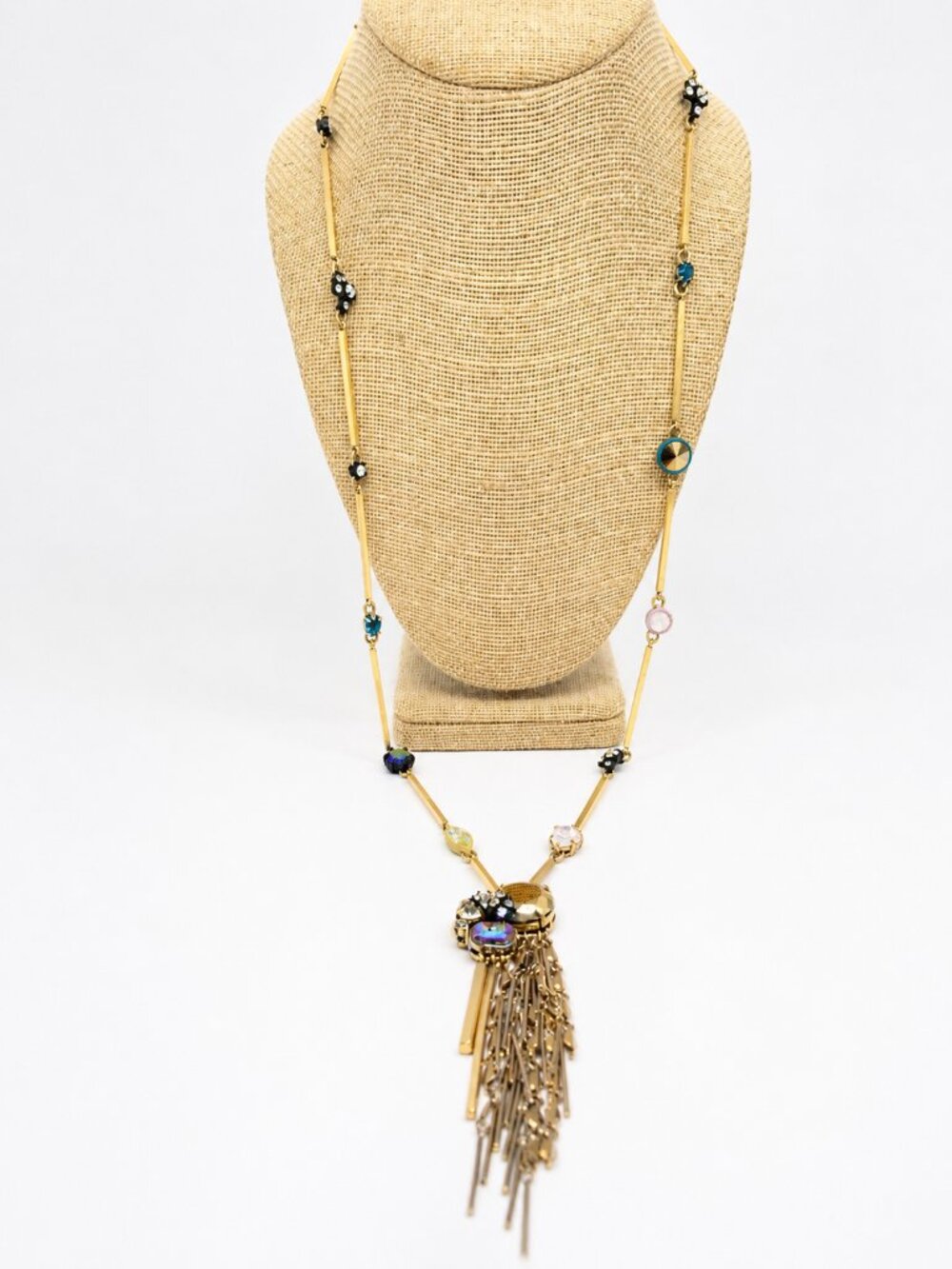 J CREW ART DECO Tassel Necklace Gold Tone Crystal Rhinestone Statement
